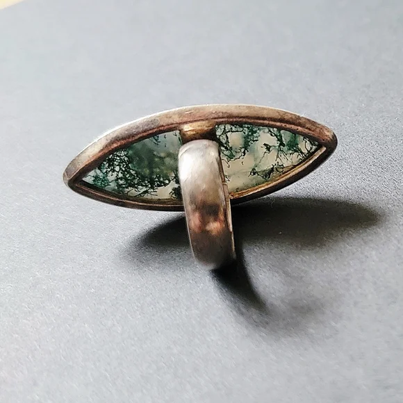 Large Sterling Silver Moss Agate Ring, Vintage - Picture 3 of 5